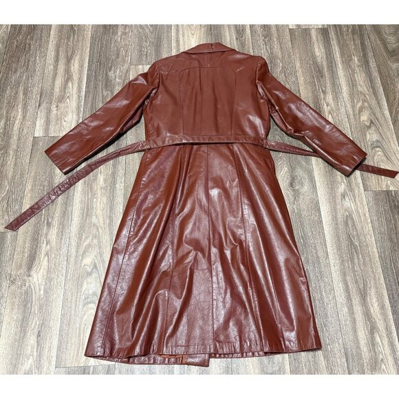VINTAGE MAXI LEATHER JACKET BEALTED TRENCH COAT BROWN WOMENS SIZE 12 - Picture 10 of 14
